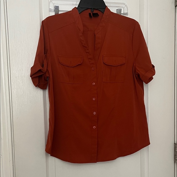 Nue Options Tops - Burnt Orange Button Down Short Sleeve Top